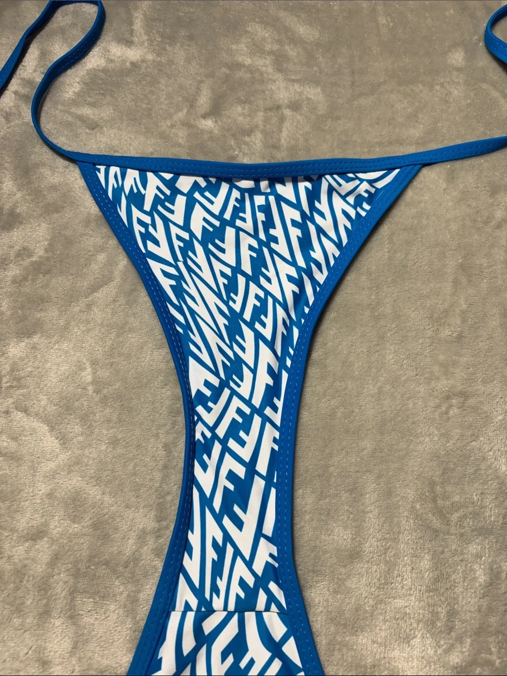 Fendi FF Vertigo Bikini Set Blue White Logo Monogram String Swimsuit Size L